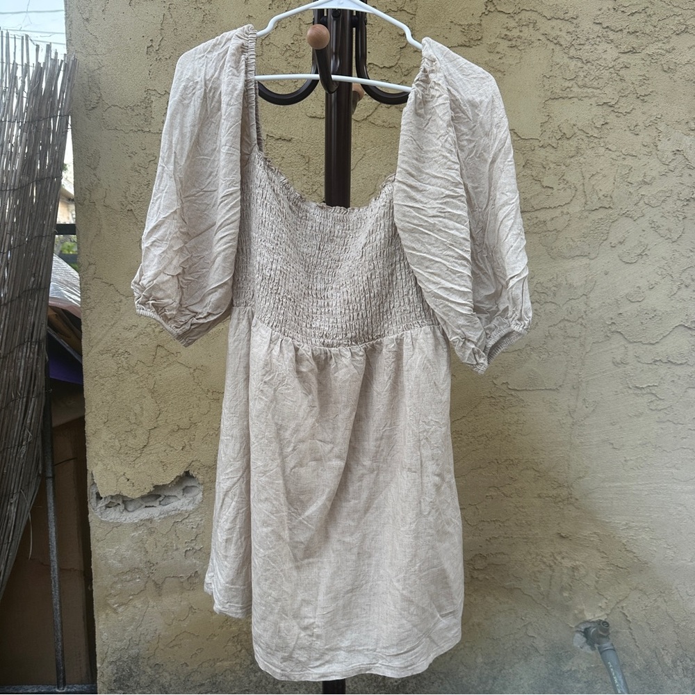 Clet Beige Linen Puff Sleeve Size L Smocked Mini Dress Cottagecore Boho Romantic